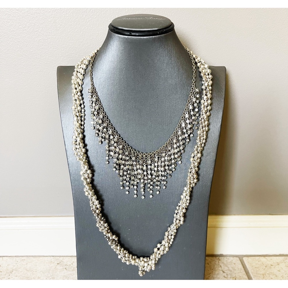 Lot of 2 Silvertone Multi Strand Twisted Rhinestone Costume Jewelry Necklaces